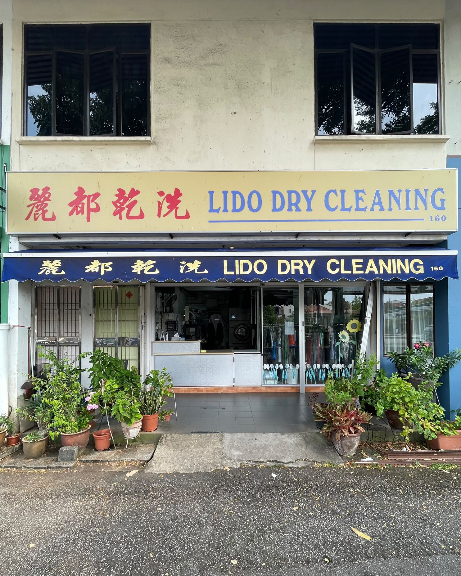 The Lido Dry Cleaning storefront with its signature blue awning and potted plants